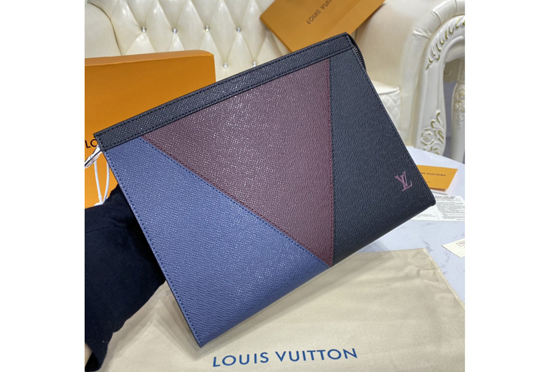 Louis Vuitton M30718 LV Pochette Voyage MM in Burgundy, black and navy blue Taiga leather