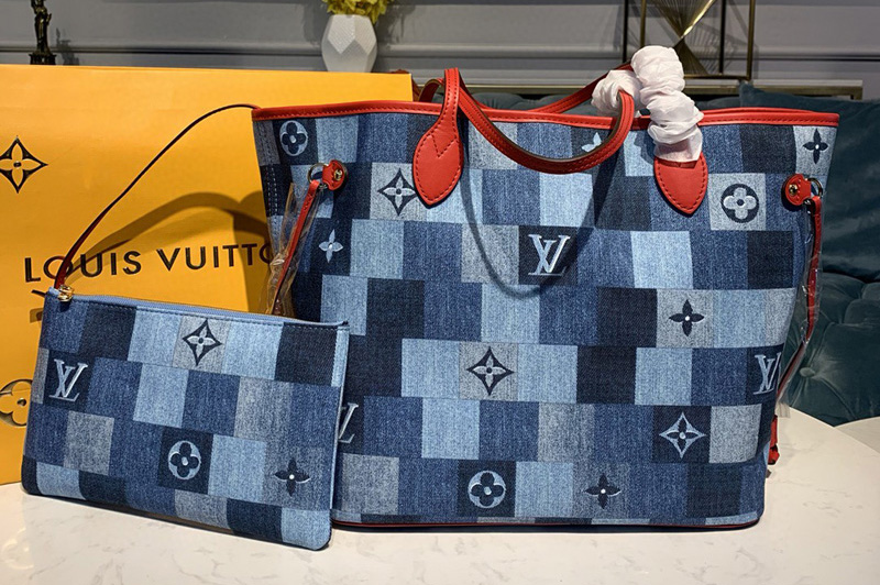 Louis Vuitton M44981 LV Neverfull mm tote bags in Blue/Red Monogram Denim canvas