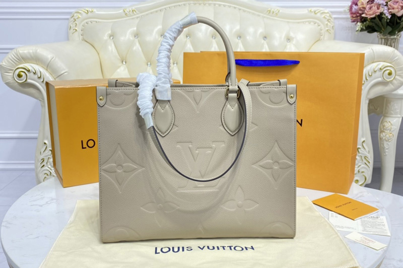 Louis Vuitton M45607 LV OnTheGo MM tote bag in Beige Monogram Empreinte Leather