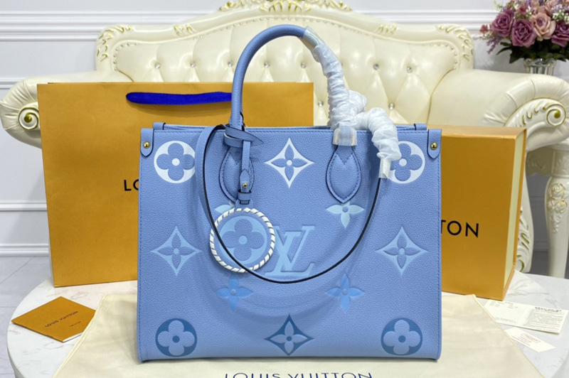 Louis Vuitton M45718 LV OnTheGo MM tote bag in Blue Monogram Empreinte Leather