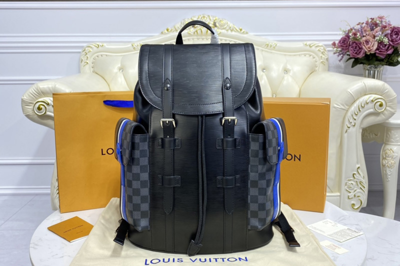 Louis Vuitton M56600 LV Christopher backpack in Black Epi leather and Damier Graphite coated canvas