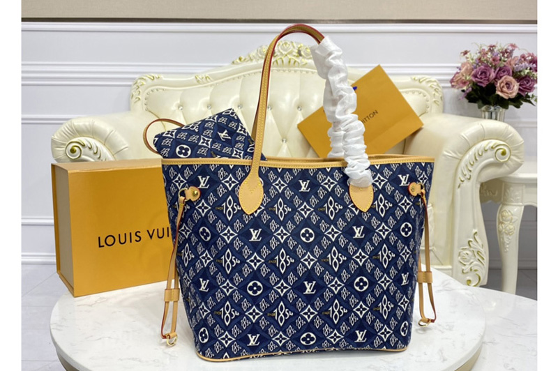 Louis Vuitton M57484 LV Neverfull MM tote Bag in Blue Jacquard Since 1854 textile