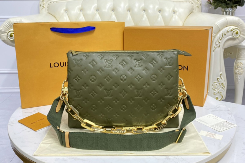 Louis Vuitton M57782 LV Coussin MM handbag in Khaki Green Monogram-embossed puffy lambskin