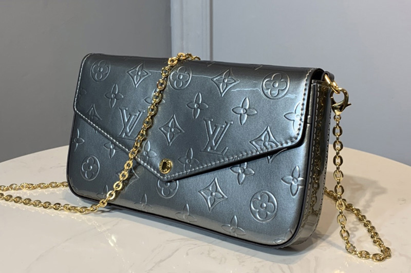 Louis Vuitton M68648 LV Pochette Felicie Bag in Silver Monogram Vernis Calf leather