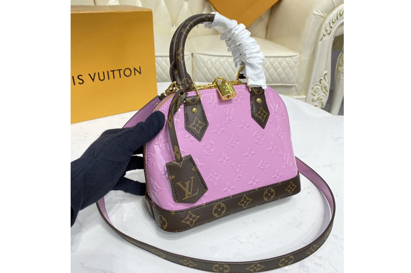 Louis Vuitton M90583 LV Alma BB handbag in Metallic Pale Pink Monogram Vernis patent cowhide leather