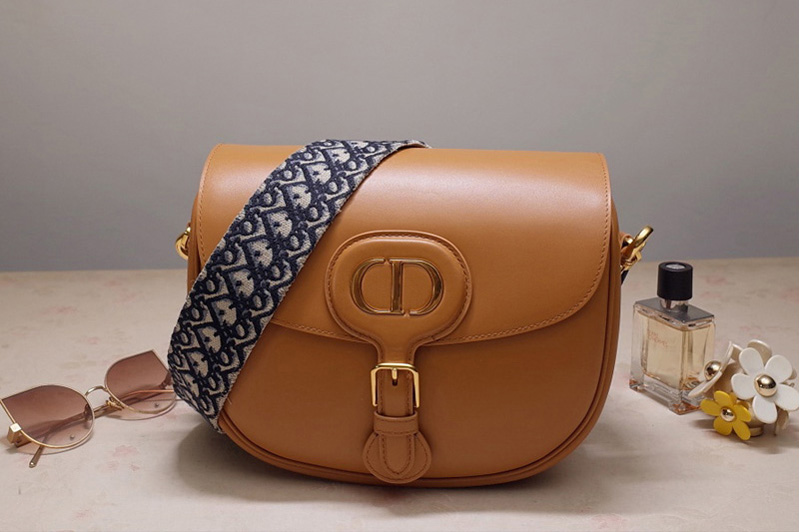 Christian Dior M9320 Large Dior Bobby Bag in Dark Tan Box Calfskin with Blue Dior Oblique Embroidered Strap