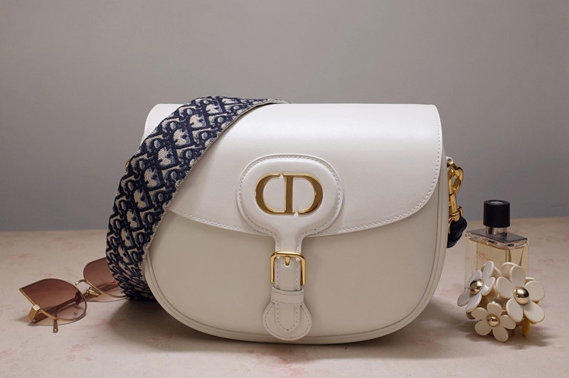 Christian Dior M9320 Large Dior Bobby Bag in Latte Box Calfskin with Blue Dior Oblique Embroidered Strap