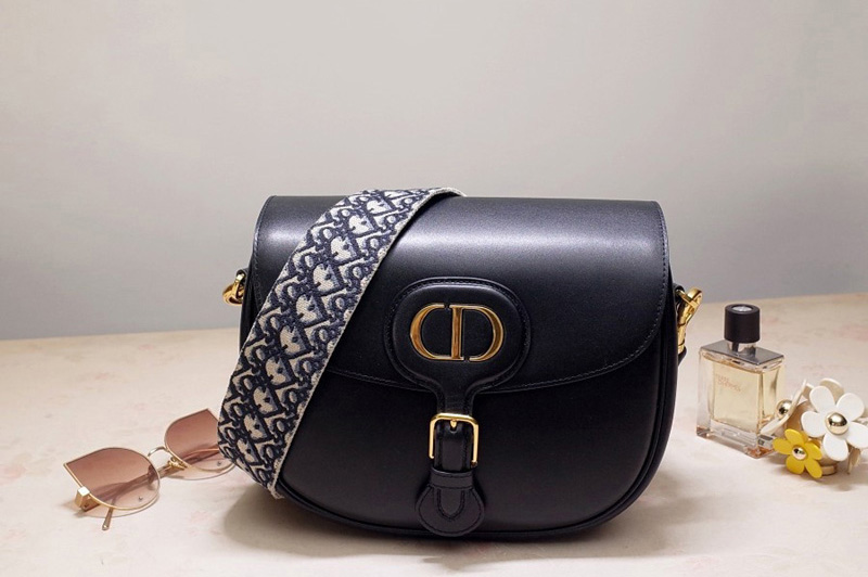 Christian Dior M9320 Large Dior Bobby Bag in Black Box Calfskin with Blue Dior Oblique Embroidered Strap