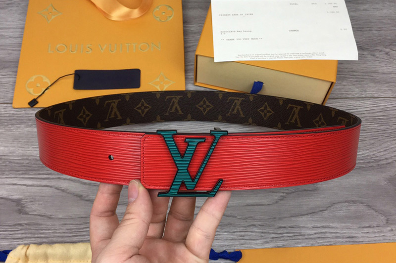 Louis Vuitton MP069V LV Initiales 40mm reversible belt In Red Epi/Monogram Canvas With Green Buckle