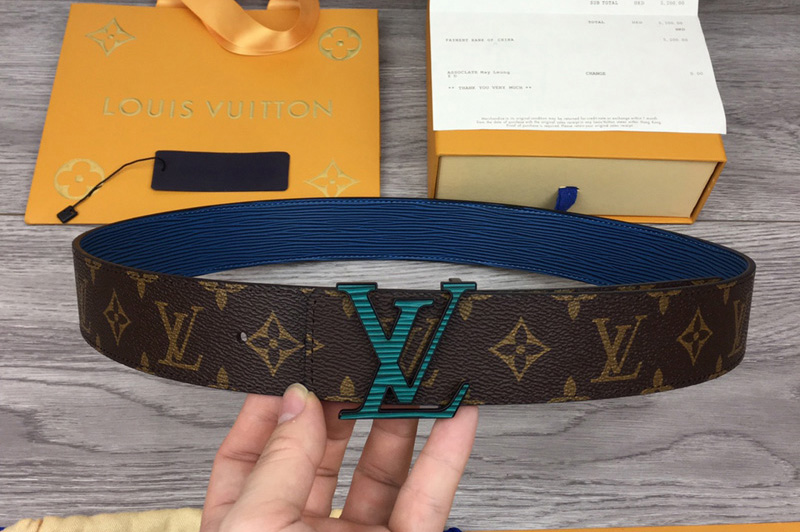 Louis Vuitton MP109V LV Initiales 40mm reversible belt In Blue Epi/Monogram Canvas With Green Buckle