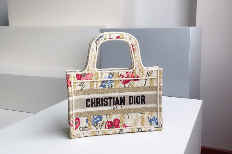 Christian Dior S5475 mini dior book tote Bag in Beige Multicolor Dior Hibiscus Embroidery