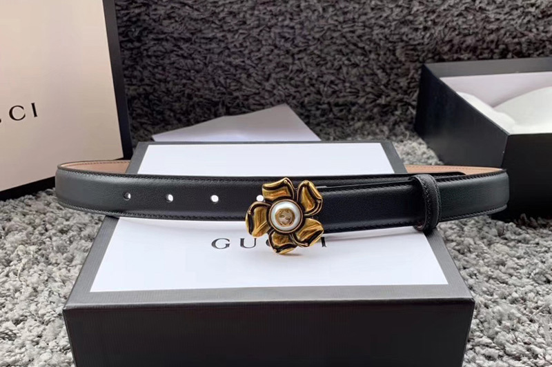 Women's Gucci 370717 GG Marmont 25mm Leather belt with Flower Buckle in Black Leather