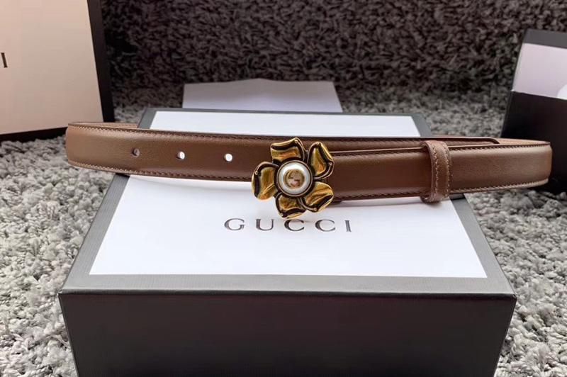 Women's Gucci 370717 GG Marmont 25mm Leather belt with Flower Buckle in Caramel Leather