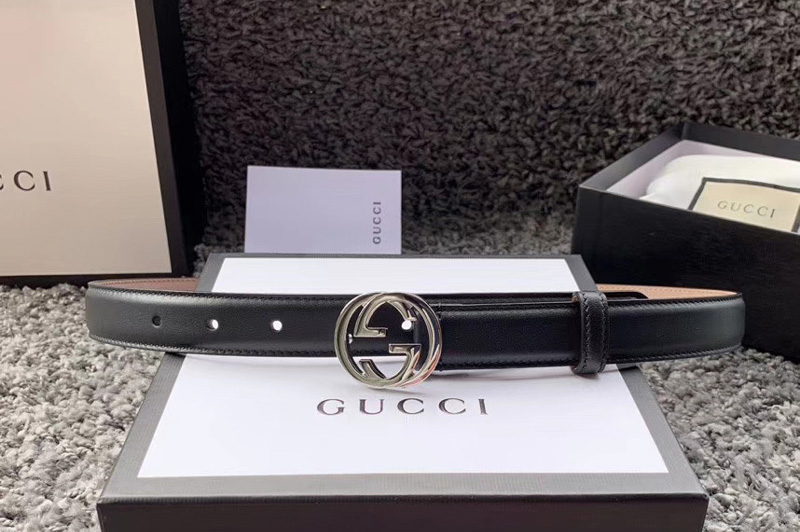 Women's Gucci 370717 25mm Leather belt with Interlocking Silver G buckle in Black Leather