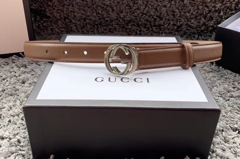 Women's Gucci 370717 25mm Leather belt with Interlocking Silver G buckle in Caramel Leather