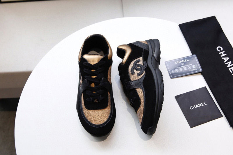 Womens and Mens CC Sneakers Black/Brown Fabric and Suede Calfskin