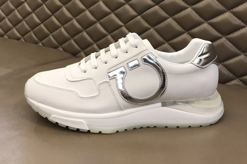 Mens Ferragamo 02C262 Gancini Sneaker in White/Silver calfskin leather