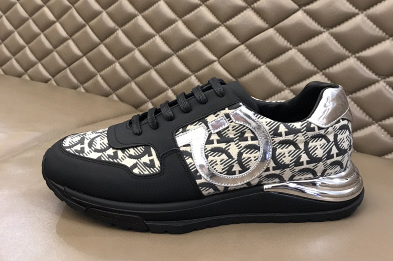 Mens Ferragamo 02C262 Gancini Sneaker in Black/Silver calfskin leather with Denim