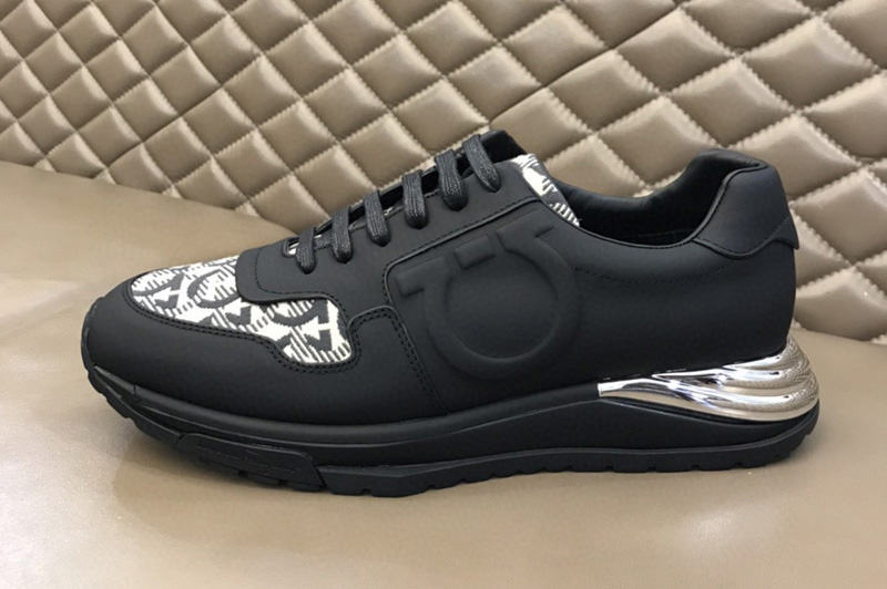 Mens Ferragamo 02C262 Gancini Sneaker in Black/Silver calfskin leather