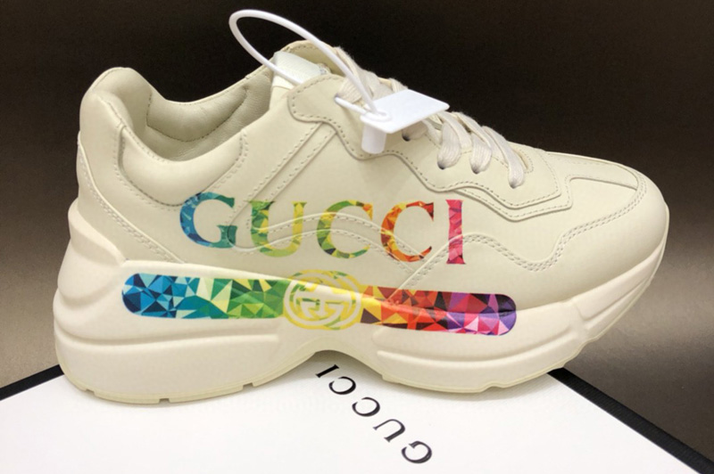 Women and Men Gucci Rhyton leather sneaker with Gucci logo in White Leather