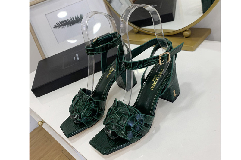 Womens Saint Laurent YSL Tribute Platform Sandals 6.5cm heel in Green Crocodile Embossed Leather