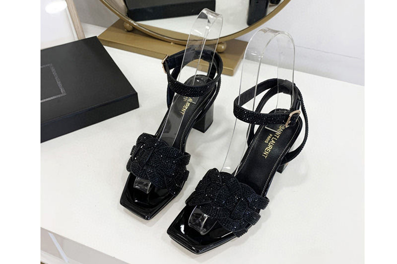 Womens Saint Laurent YSL Tribute Platform Sandals 6.5cm heel in Black Embossed Leather