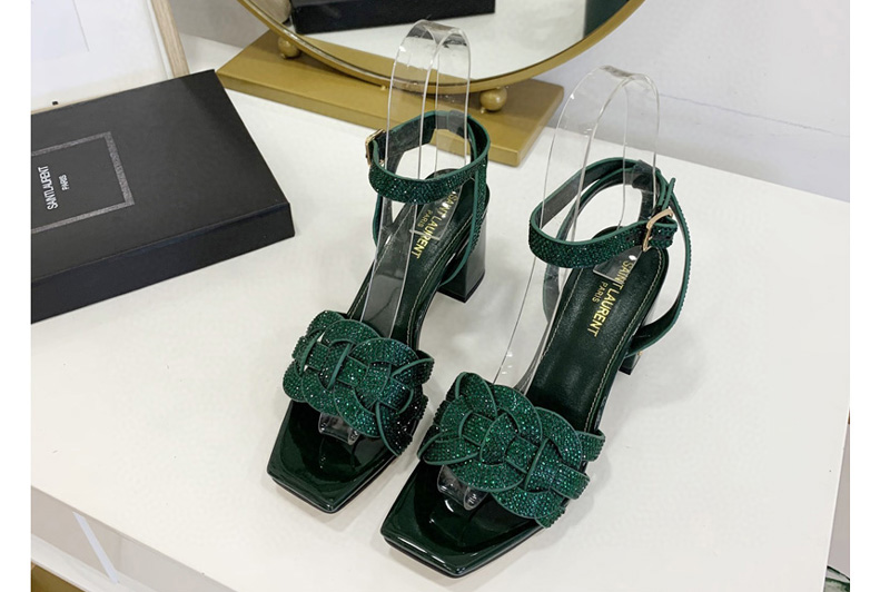 Womens Saint Laurent YSL Tribute Platform Sandals 6.5cm heel in Green Embossed Leather