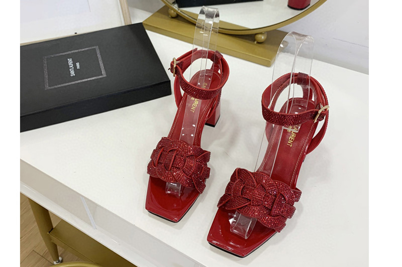 Womens Saint Laurent YSL Tribute Platform Sandals 6.5cm heel in Red Embossed Leather