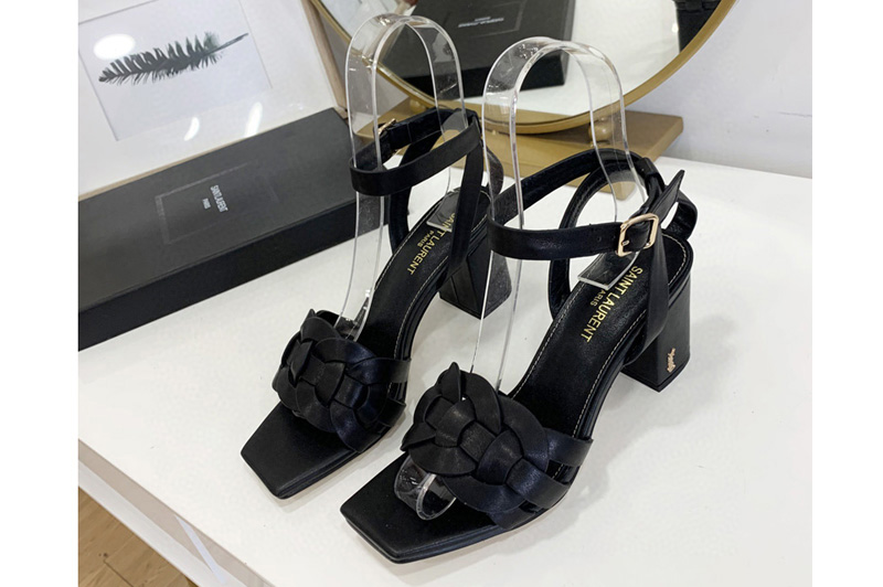 Womens Saint Laurent YSL Tribute Platform Sandals 6.5cm heel in Black Calfskin Leather