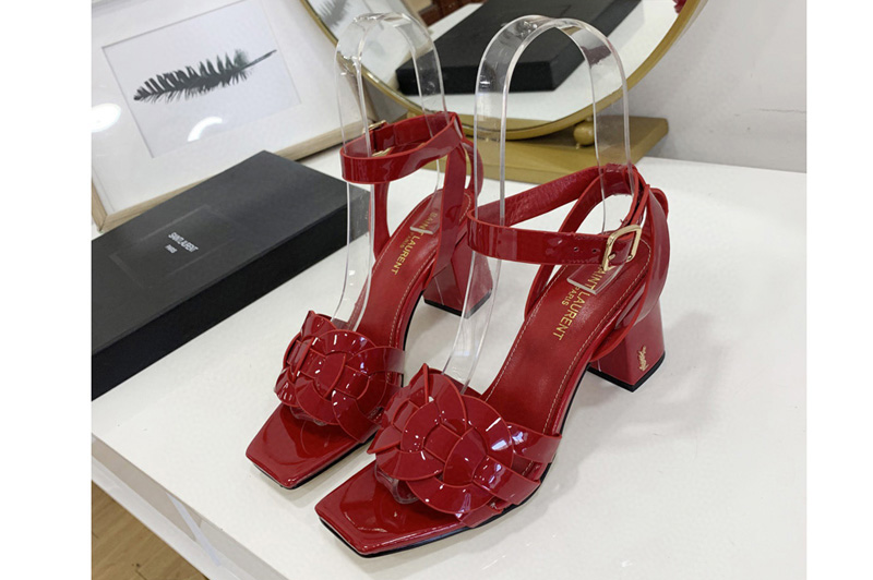 Womens Saint Laurent YSL Tribute Platform Sandals 6.5cm heel in Red Shiny Calfskin Leather
