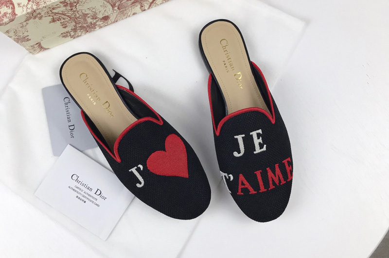 Women's Dior Baby-D Black Embroidered slippers and Shoes with je t'aime Embroidered