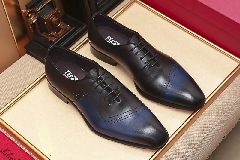 Men's Ferragamo Oxford Shoe In Black and Blue Calfskin Leather