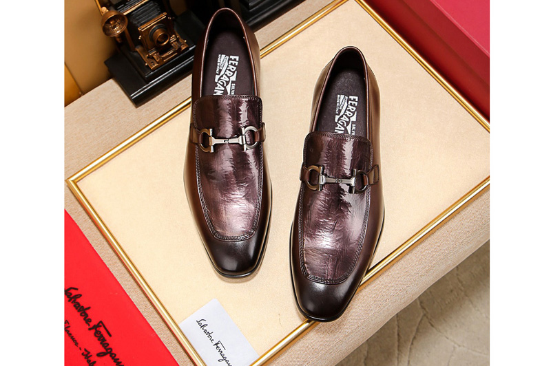 Men's Ferragamo Gancini Moccasin Shoe In Black and Purple Calfskin Leather
