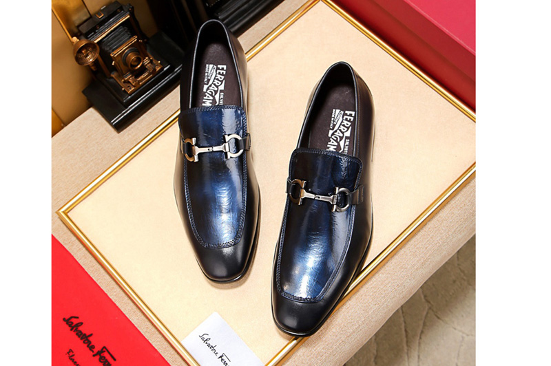 Men's Ferragamo Gancini Moccasin Shoe In Black and Blue Calfskin Leather