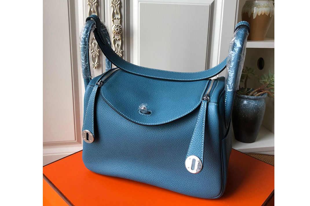 Hermes Lindy 26cm Bag in Original Blue Togo Leather With Silver Buckle