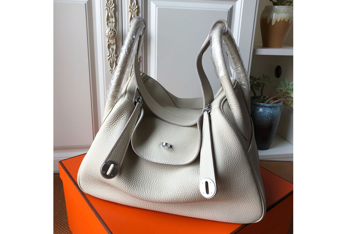 Hermes Lindy 26cm Bag in Original White Togo Leather With Silver Buckle