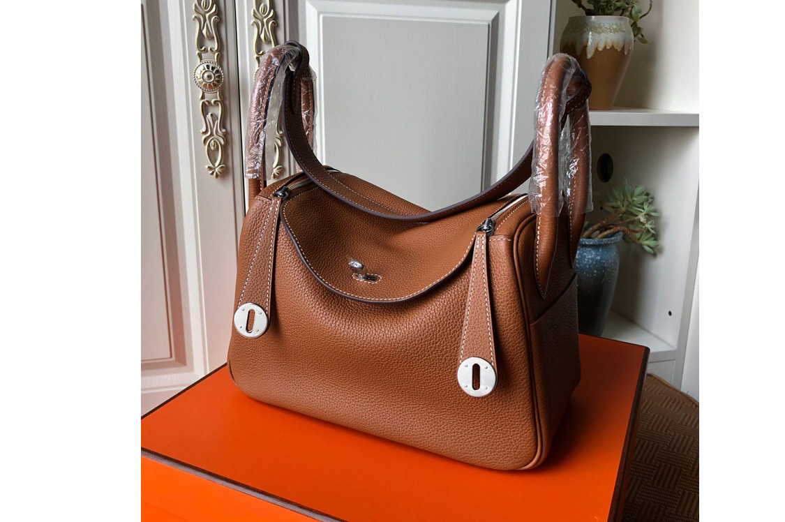 Hermes Lindy 26cm Bag in Original Brown Togo Leather With Silver Buckle