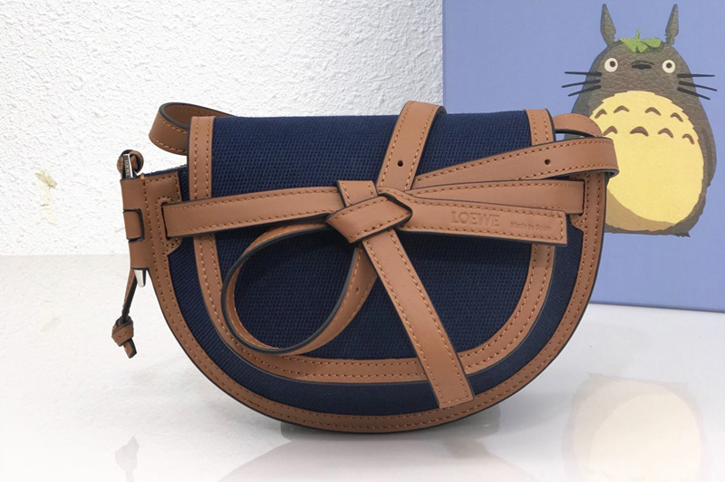 Loewe Mini Gate Dual bag in Navy Blue/Tan canvas and calfskin