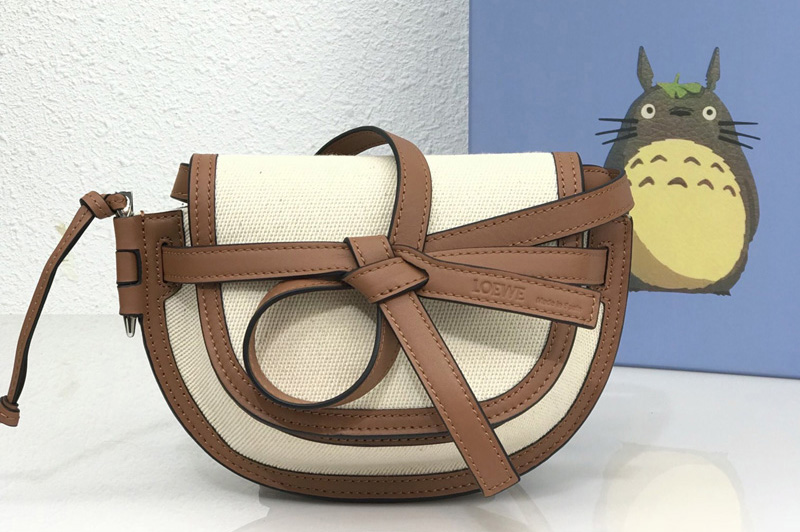 Loewe Mini Gate Dual bag in Ecru/Tan canvas and calfskin