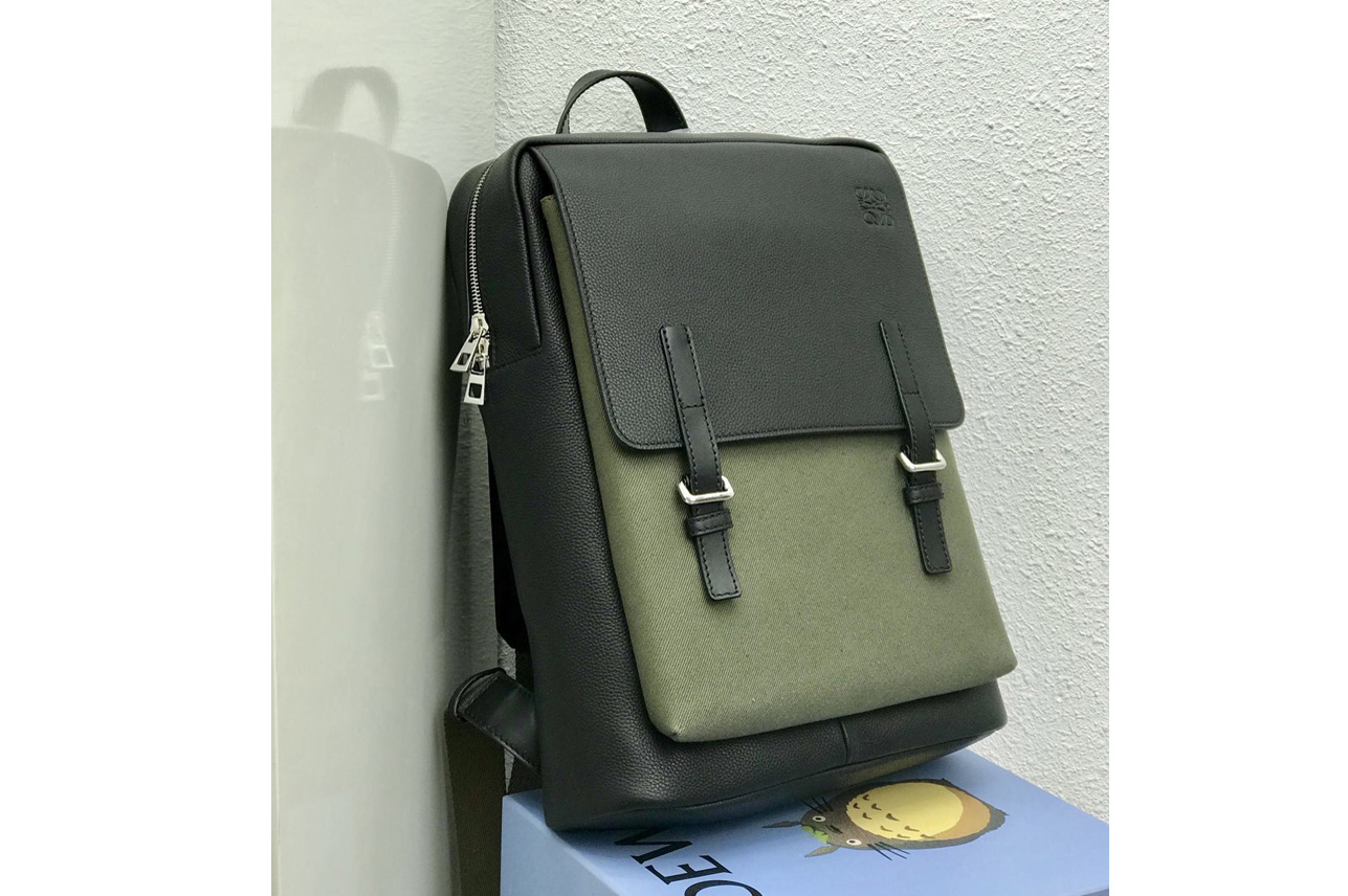 Loewe 10266 Military Backpack in Black/Green soft grained calfskin