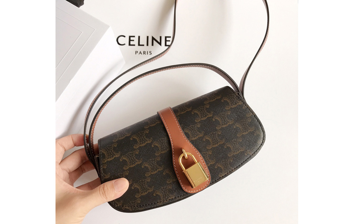 Celine 10I592 CLUTCH ON STRAP IN TRIOMPHE CANVAS AND Tan CALFSKIN