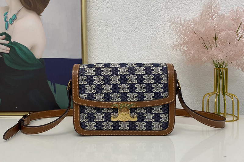 Celine 191242 MEDIUM TRIOMPHE BAG IN NAVY BLUE TEXTILE WITH TRIOMPHE EMBROIDERY