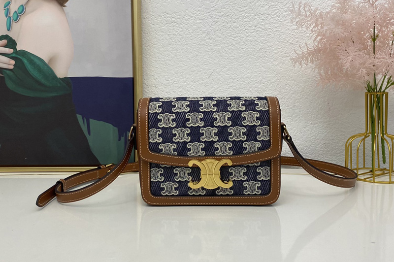 Celine 188882 TEEN TRIOMPHE BAG IN NAVY BLUE TEXTILE WITH TRIOMPHE EMBROIDERY
