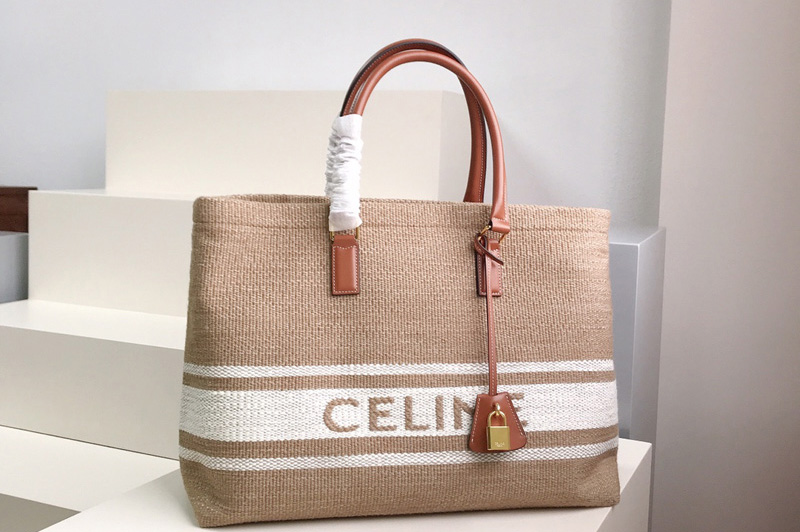 Celine 190062 Horizontal Cabas Celine Bag in Textile with Celine print and Calfskin Beige/Tan