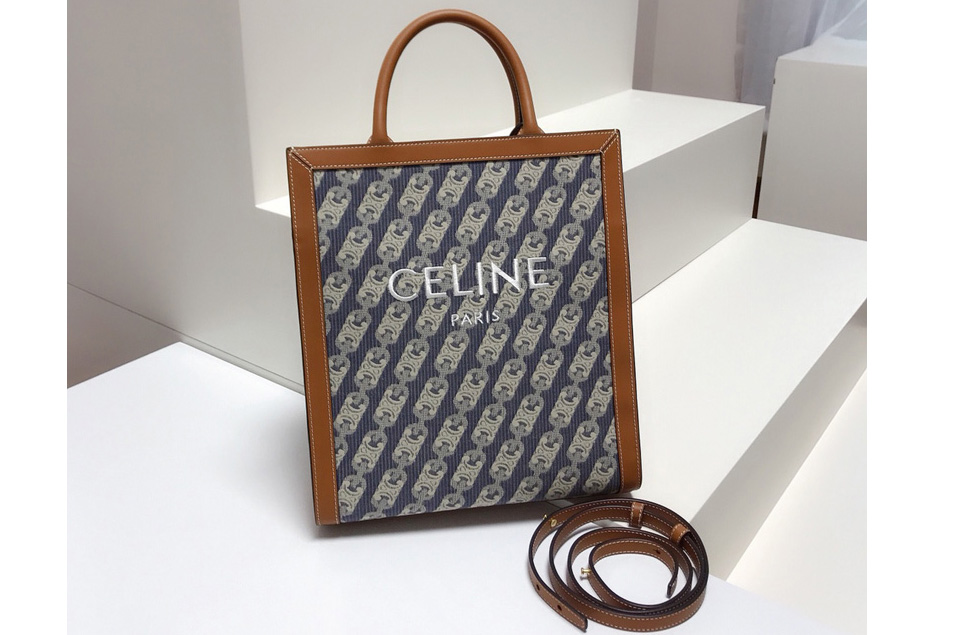 Celine SMALL VERTICAL CABAS CELINE bag IN NAVY/TAN MAILLON TRIOMPHE JACQUARD AND CALFSKIN