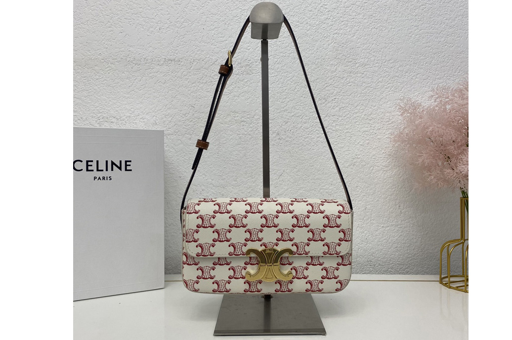 Celine 194142 TRIOMPHE SHOULDER BAG IN TRIOMPHE CANVAS AND CALFSKIN Red