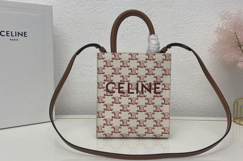Celine 194372 MINI VERTICAL CABAS IN TRIOMPHE CANVAS AND CALFSKIN WITH CELINE PRINT Red
