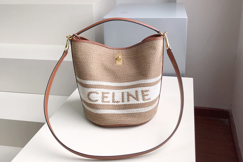 Celine 195573 BUCKET 16 BAG in Textile with Celine print and Calfskin Beige/Tan