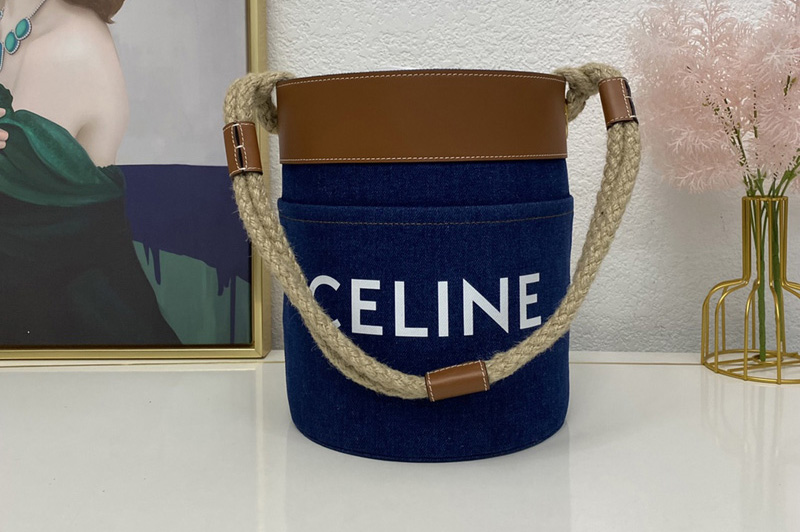 Celine 196272 BUCKET CELINE bag IN NAVY / TAN DENIM WITH CELINE PRINT AND CALFSKIN