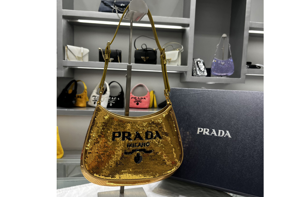 Prada 1BC169 Prada Cleo sequined bag in Black/Gold Fabric/Leather
